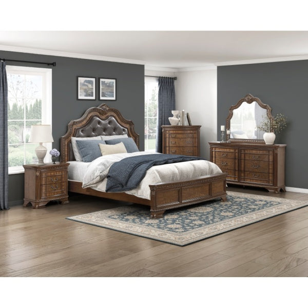 English Elm Queen Sleigh Bed Set with Hand-Carved Tufted Headboard and Ornate Dark Brown Finish B011S06413