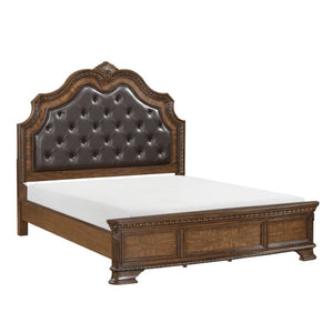 English Elm Queen Sleigh Bed Set with Hand-Carved Tufted Headboard and Ornate Dark Brown Finish B011S06413