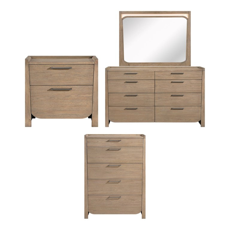 English Elm Night Stand Dresser Mirror and Chest 5 Piece Set with LED Lit Hickory Grain Finish B011S06416