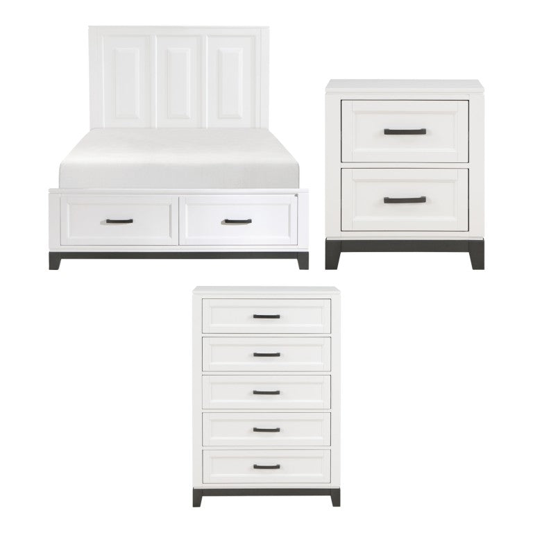 English Elm Queen Bedroom Set Three Piece White Wood Platform Bed Nightstand and Chest B011S06436