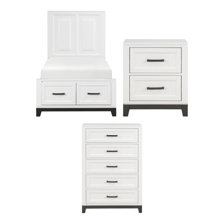 English Elm Twin Bedroom Set Three Piece White Metallic Gray Storage Bed Nightstand Chest B011S06442