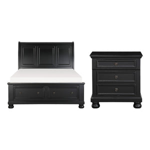 English Elm Eastern King Sleigh Bed Set with Nightstands Distressed Black Wood Bun Feet B011S06457