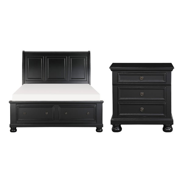 English Elm Eastern King Sleigh Bed Set with Nightstands Distressed Black Wood Bun Feet B011S06457