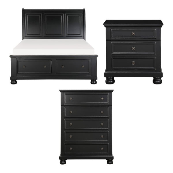 English Elm Queen Sleigh Bedroom Set with Nightstand and Chest in Black Sand Farmhouse Style B011S06464