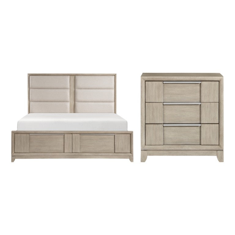 English Elm California King Bedroom Set Ash Veneer Upholstered Headboard with Storage Footboard B011S06471