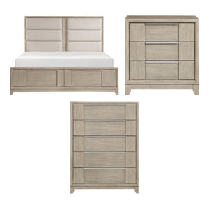 English Elm California King Bedroom Set Ash Veneer Upholstered Headboard with Nightstand and Chest B011S06472