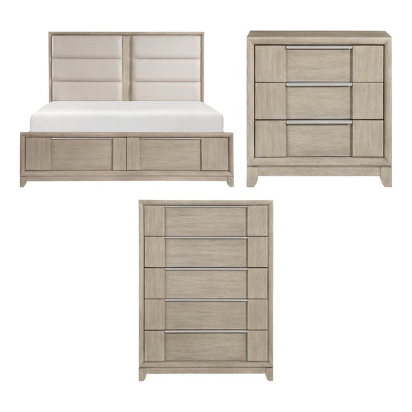 English Elm Queen Bedroom Set Ash Veneer Upholstered Headboard Footboard Storage and Pewter Hardware B011S06475
