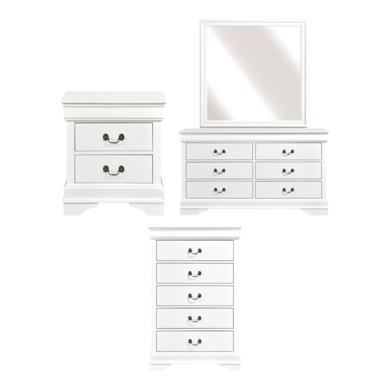 English Elm Night Stand Dresser Mirror and Chest Four Piece White Bedroom Set with Brass Handles B011S06476