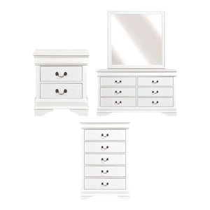 English Elm Night Stand Dresser Mirror and Chest Four Piece White Bedroom Set with Brass Handles B011S06476