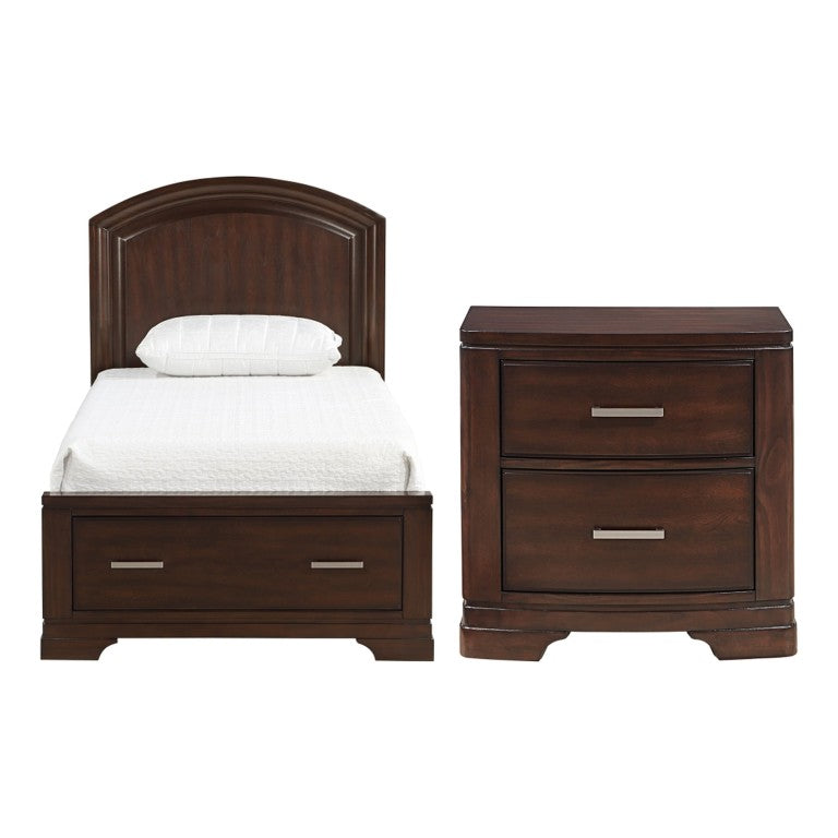English Elm Twin Bedroom Set with Curved Headboard Birch Veneer Build and Chrome Drawer Pulls B011S06505