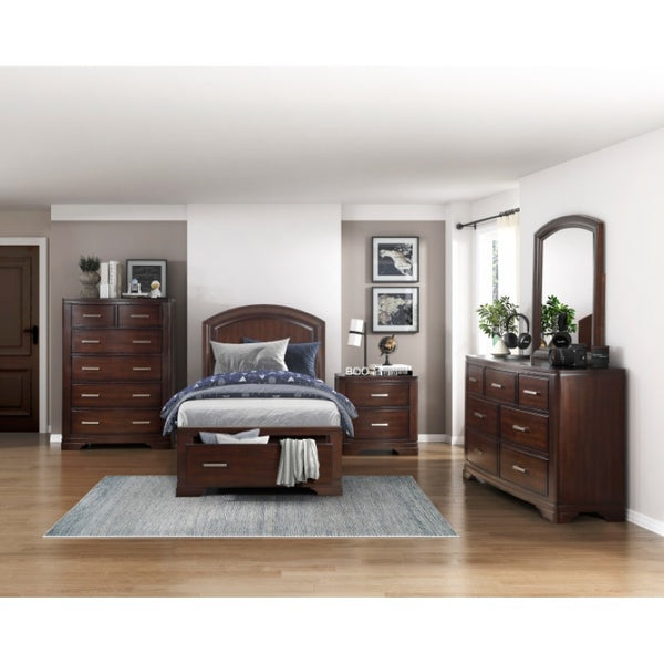 English Elm Twin Bedroom Set with Curved Headboard Birch Veneer Build and Chrome Drawer Pulls B011S06505
