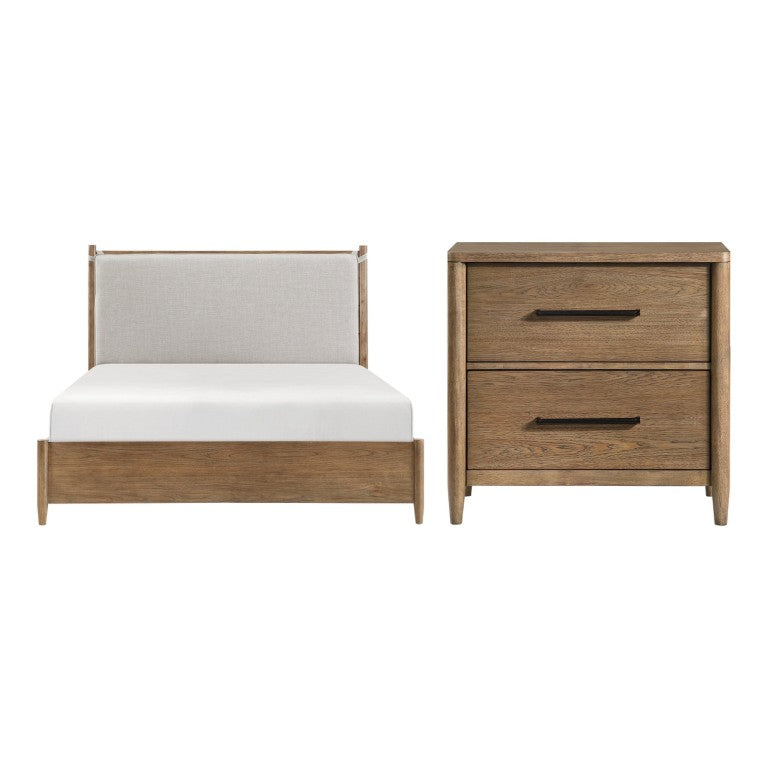 English Elm California King Bedroom Set Hickory Wood Frame Upholstered Headboard with USB Nightstand B011S06512