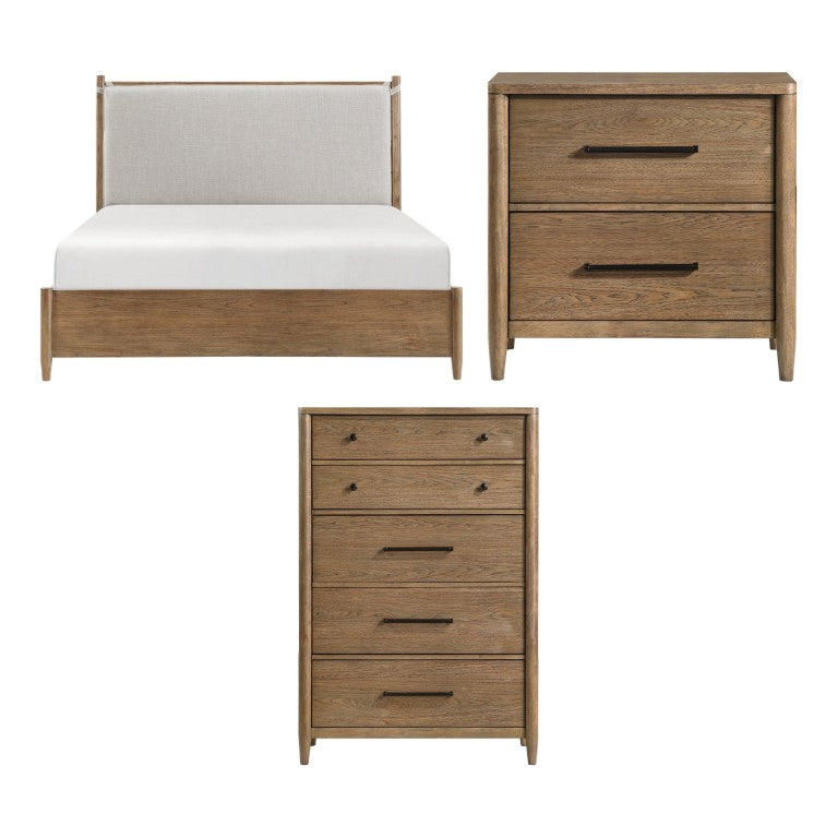 English Elm California King Bedroom Set with Upholstered Headboard Hickory Veneer and USB Charging B011S06514