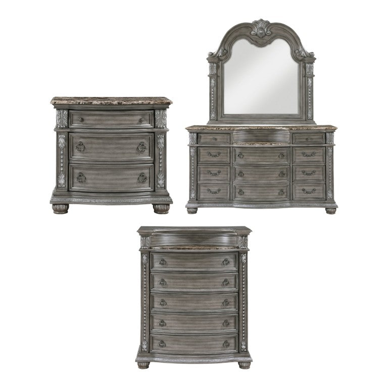 English Elm Night Stand Dresser Mirror and Chest Set with Marble Tops Carved Wood Gray Finish B011S06530