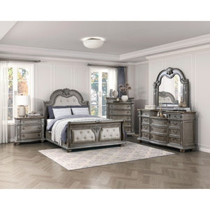 English Elm Night Stand Dresser Mirror and Chest Set with Marble Tops Carved Wood Gray Finish B011S06530