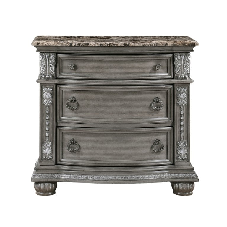 English Elm Night Stand Dresser Mirror and Chest Set with Marble Tops Carved Wood Gray Finish B011S06530