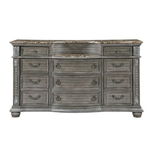 English Elm Night Stand Dresser Mirror and Chest Set with Marble Tops Carved Wood Gray Finish B011S06530