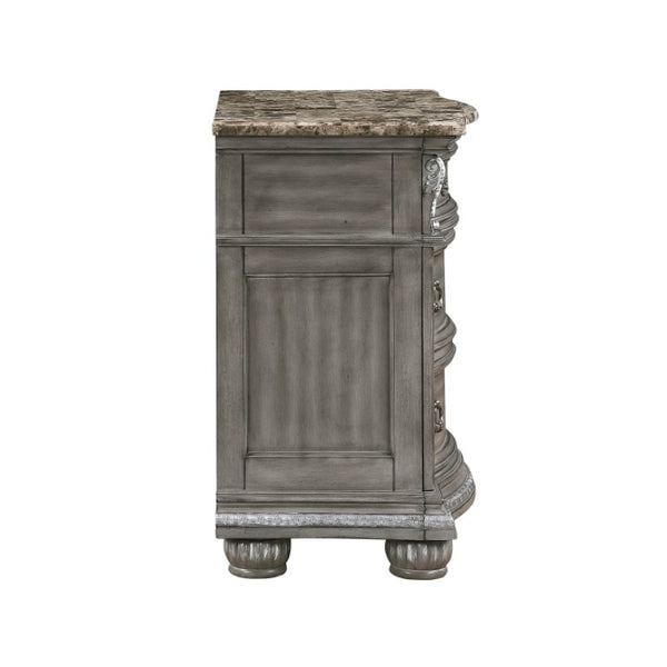 English Elm Night Stand Dresser Mirror and Chest Set with Marble Tops Carved Wood Gray Finish B011S06530