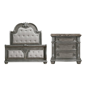 English Elm Eastern King Sleigh Bed and Nightstand Set Acacia Veneer Tufted Marble Top B011S06531