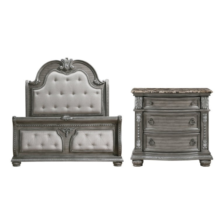 English Elm California King Sleigh Bed Set Ornate Carved Acacia Veneer with Marble Top Nightstands B011S06535