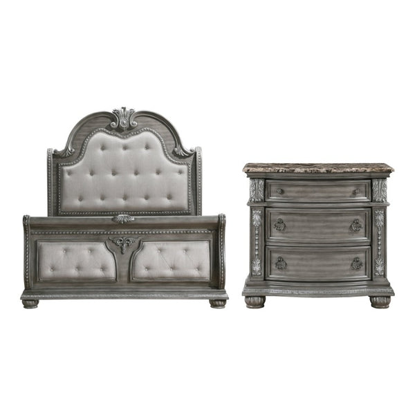 English Elm California King Sleigh Bed Set Ornate Carved Acacia Veneer with Marble Top Nightstands B011S06535