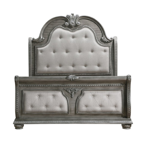 English Elm California King Sleigh Bed Set Ornate Carved Acacia Veneer with Marble Top Nightstands B011S06535
