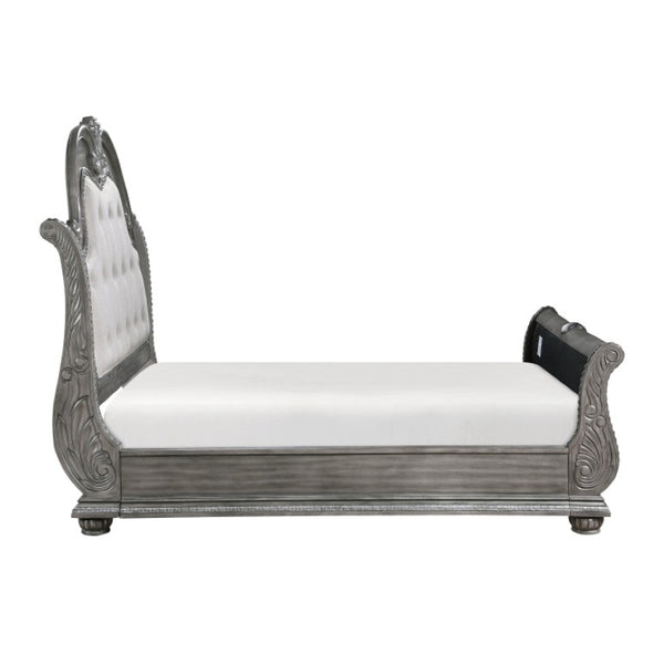 English Elm California King Sleigh Bed Set Ornate Carved Acacia Veneer with Marble Top Nightstands B011S06535