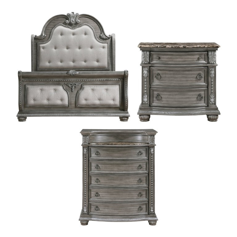 English Elm Queen Sleigh Bed Nightstand and Chest Set Carved Acacia with Marble Tops Gray B011S06539