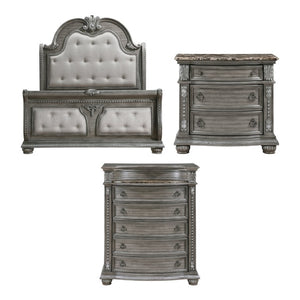 English Elm Queen Sleigh Bed Nightstand and Chest Set Carved Acacia with Marble Tops Gray B011S06539