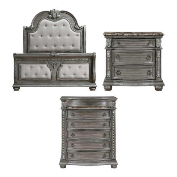 English Elm Queen Sleigh Bed Nightstand and Chest Set Carved Acacia with Marble Tops Gray B011S06539