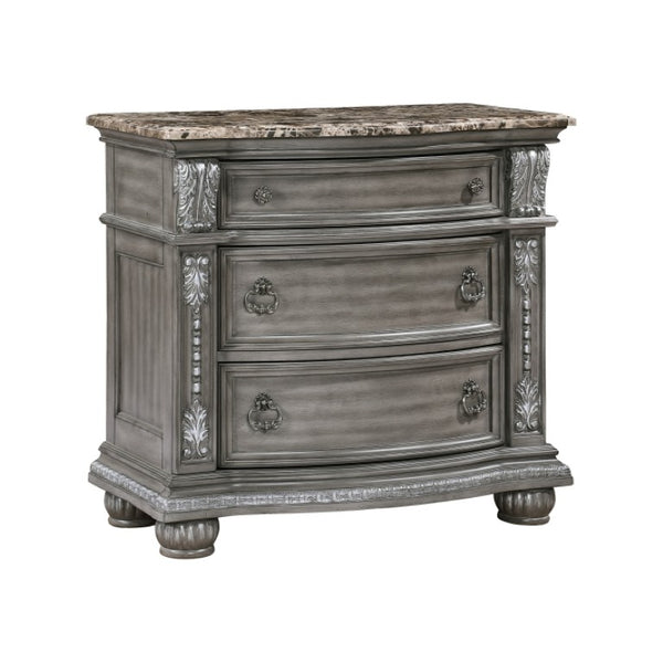 English Elm Queen Sleigh Bed Nightstand and Chest Set Carved Acacia with Marble Tops Gray B011S06539