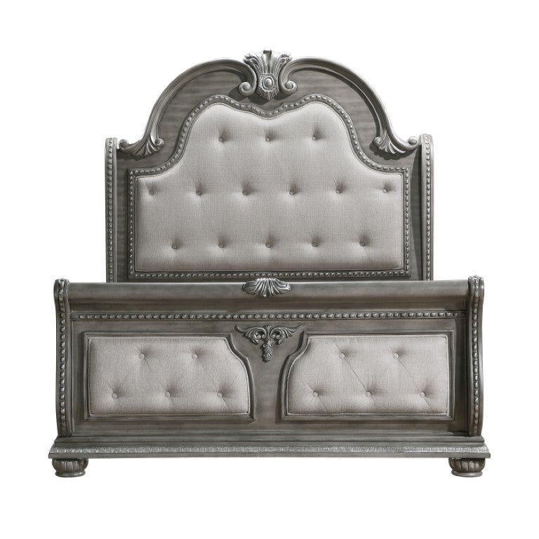 English Elm Queen Sleigh Bed Nightstand and Chest Set Carved Acacia with Marble Tops Gray B011S06539