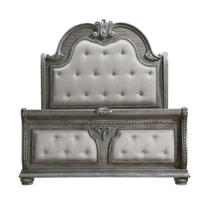 English Elm Queen Sleigh Bed Nightstand and Chest Set Carved Acacia with Marble Tops Gray B011S06539