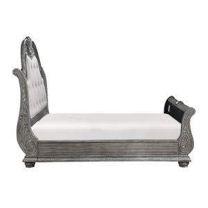 English Elm Queen Sleigh Bed Nightstand and Chest Set Carved Acacia with Marble Tops Gray B011S06539