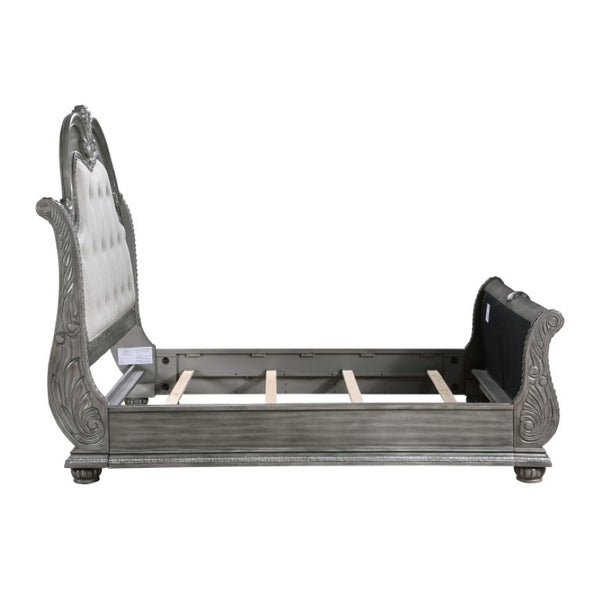 English Elm Queen Sleigh Bed Nightstand and Chest Set Carved Acacia with Marble Tops Gray B011S06539