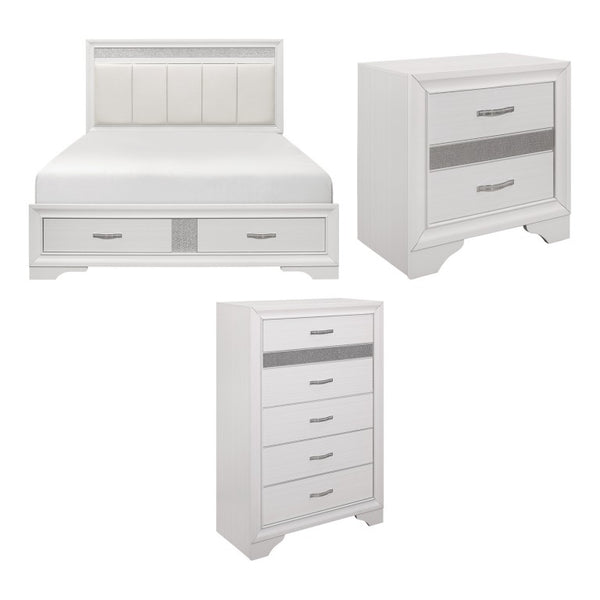 English Elm Queen Glam Bedroom Set with Glitter Accents Faux Leather Headboard and Chrome Pulls B011S06558