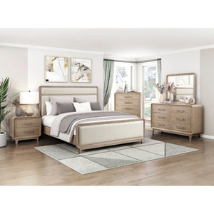 English Elm Queen Bed Set with Chenille Headboard Oak Veneer Frame and Two Drawer Nightstand B011S06567