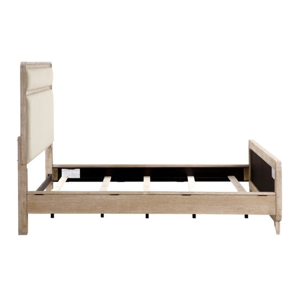 English Elm Queen Bed Set with Chenille Headboard Oak Veneer Frame and Two Drawer Nightstand B011S06567