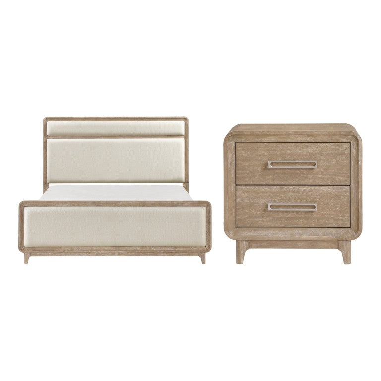 English Elm Queen Bed Set Oak Veneer Chenille Upholstered Frame with Dovetail Nightstands Natural B011S06568