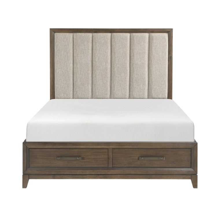 English Elm Eastern King Bedroom Set Chenille Tufted Upholstered Bed with Walnut Veneer Nightstands B011S06651