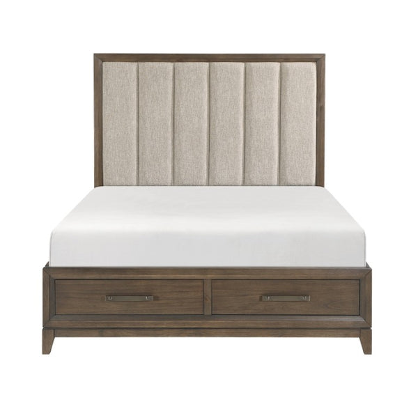 English Elm Eastern King Bedroom Set Chenille Tufted Upholstered Bed with Walnut Veneer Nightstands B011S06651