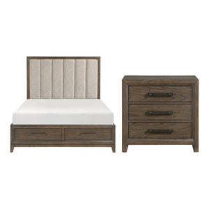 English Elm California King Bedroom Set Chenille Tufted Headboard Wire Brushed Walnut Finish B011S06654