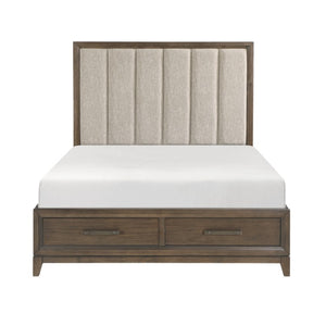English Elm California King Bedroom Set Chenille Tufted Headboard Wire Brushed Walnut Finish B011S06654