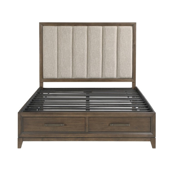 English Elm California King Bedroom Set Chenille Tufted Headboard Wire Brushed Walnut Finish B011S06654