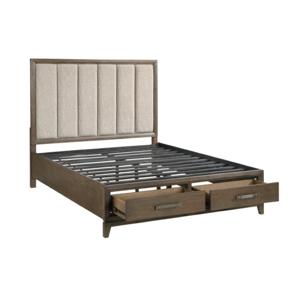 English Elm California King Bedroom Set Chenille Tufted Headboard Wire Brushed Walnut Finish B011S06654