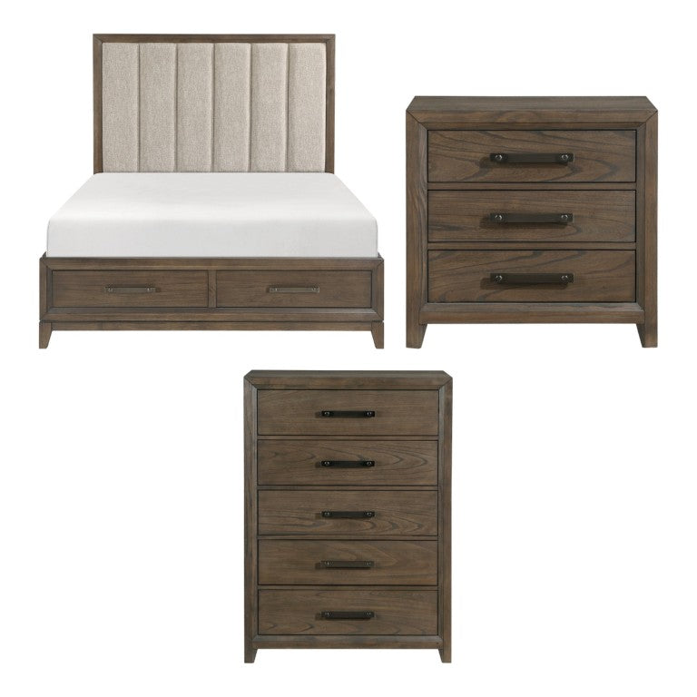 English Elm California King Bedroom Set Walnut Veneer Chenille Headboard with Nightstand and Chest B011S06655