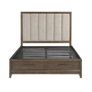 English Elm Queen Bedroom Set Chenille Tufted Headboard Walnut Veneer with Storage and Nightstands B011S06657