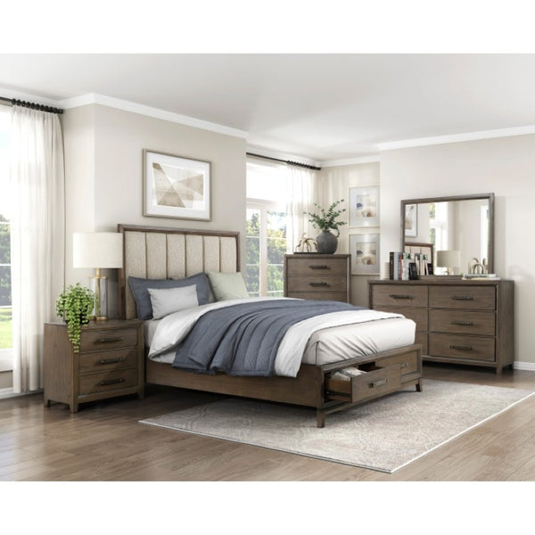 English Elm Queen Bedroom Set Chenille Tufted Headboard Walnut Veneer with Storage and Nightstands B011S06657