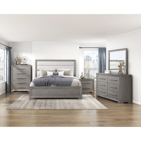 English Elm Eastern King Bedroom Set with Upholstered Headboard Oak Veneer Frame Gray Finish B011S06670