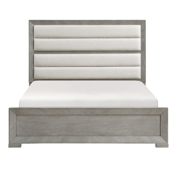 English Elm Eastern King Bedroom Set with Upholstered Headboard Oak Veneer Frame Gray Finish B011S06670
